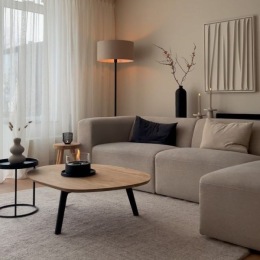 a living room with a couch and a table